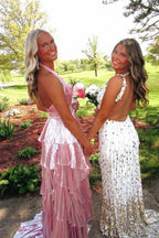 Metallic Halter Tiered Ruffled Metallic Gown With Backless Design