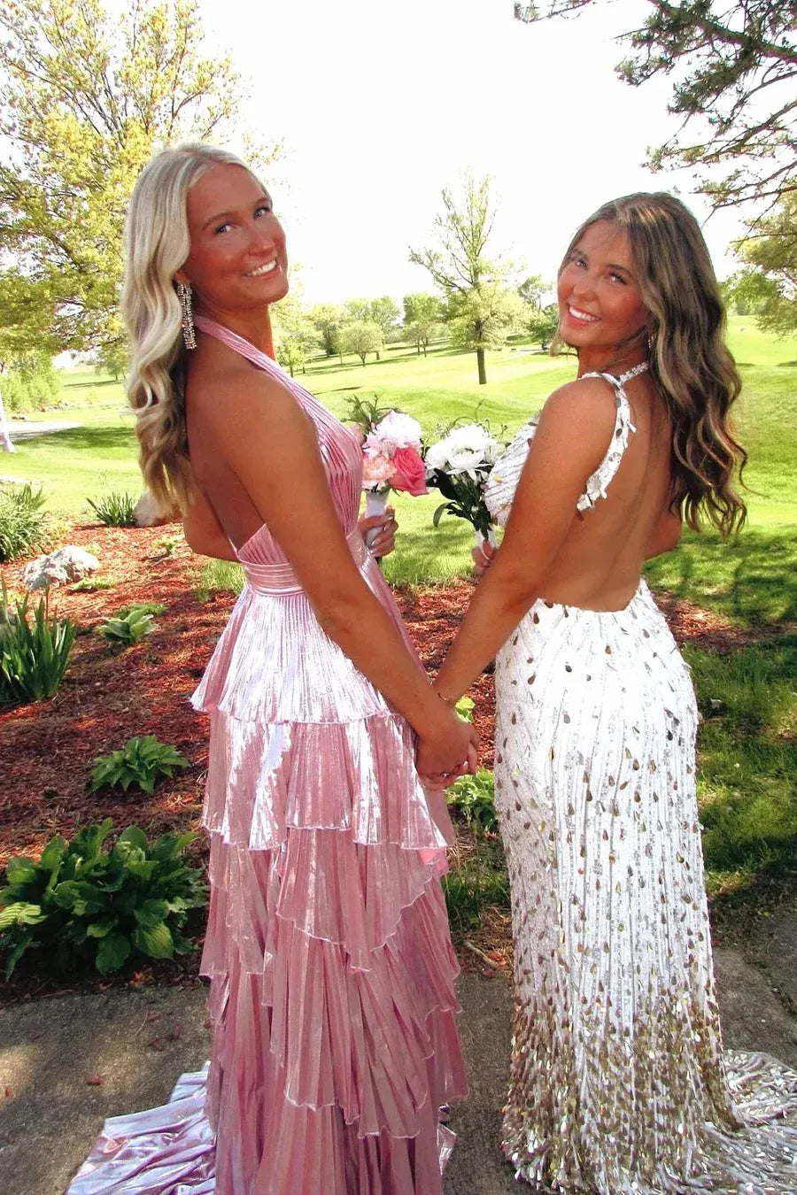Metallic Halter Tiered Ruffled Metallic Gown With Backless Design