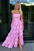 Pink Strapless Tiered Ruffled Gown With Slit