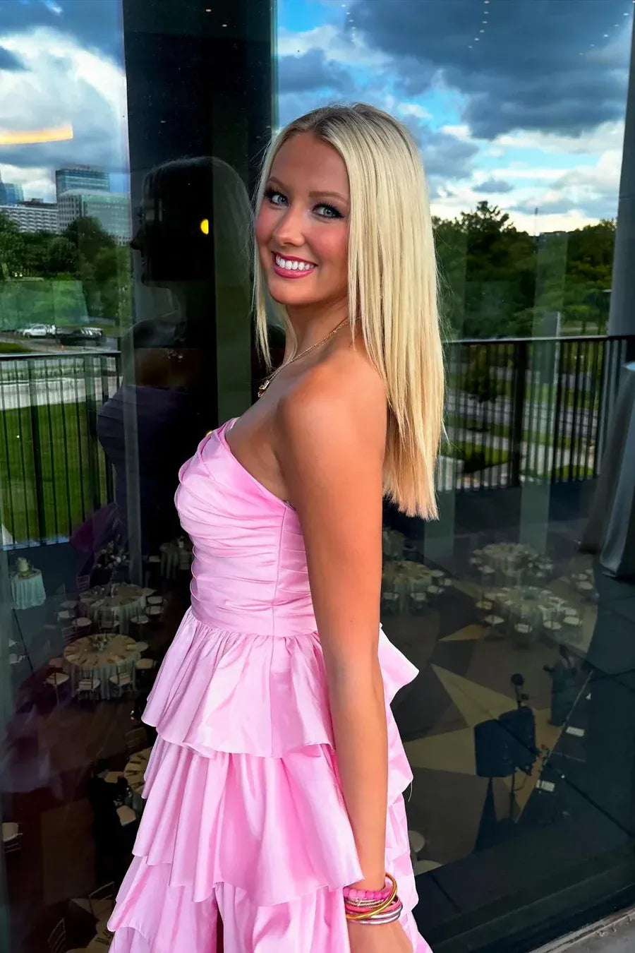 Pink Strapless Tiered Ruffled Gown With Slit