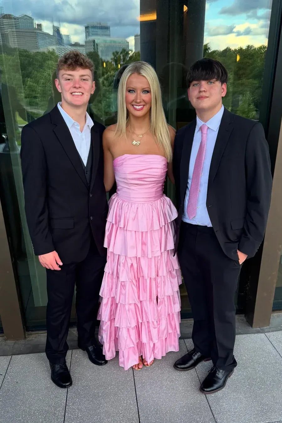 Pink Strapless Tiered Ruffled Gown With Slit