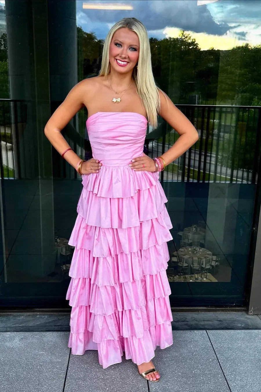 Pink Strapless Tiered Ruffled Gown With Slit