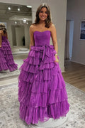 Purple Strapless Tiered Ruffled Gown With Bow Belt