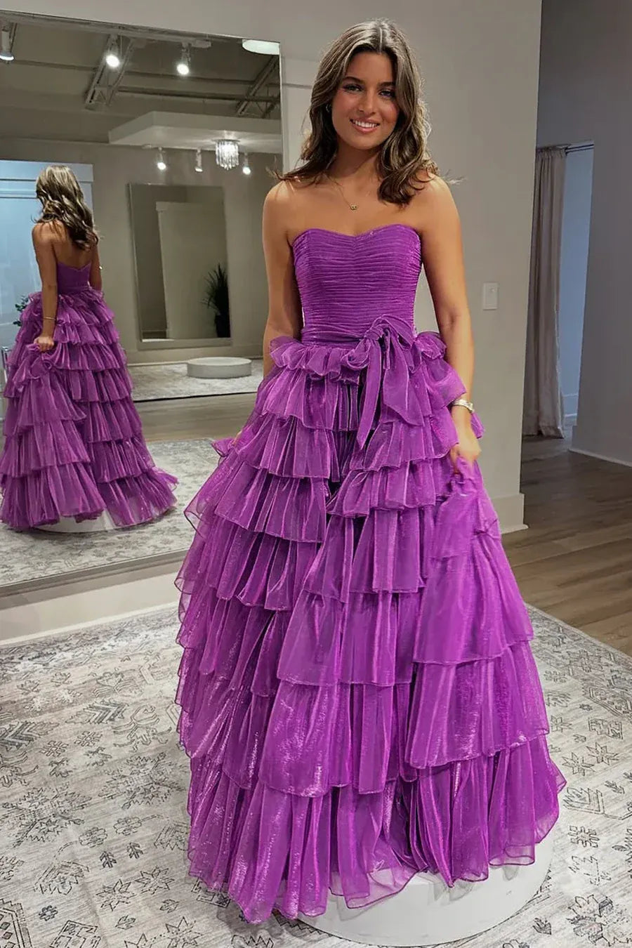 Purple Strapless Tiered Ruffled Gown With Bow Belt
