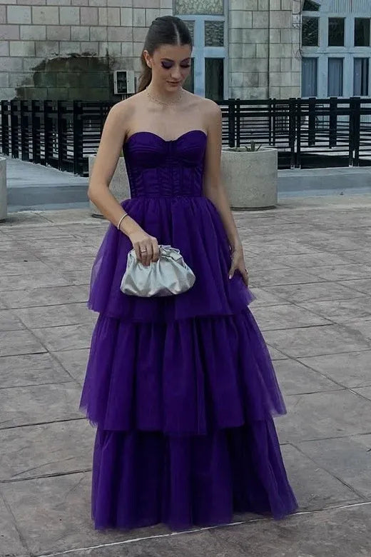 Purple Strapless Tiered Ruffled Gown With Corset Bodice