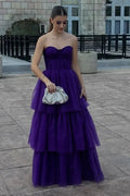 Purple Strapless Tiered Ruffled Gown With Corset Bodice