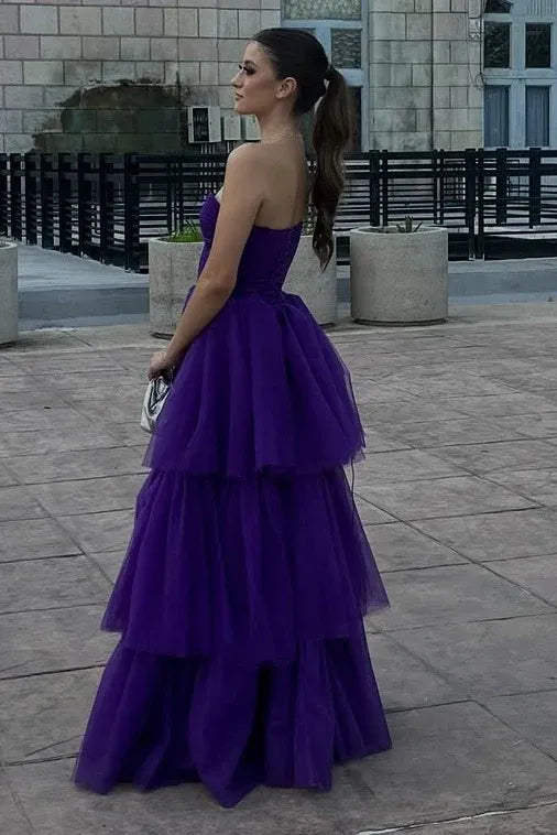 Purple Strapless Tiered Ruffled Gown With Corset Bodice
