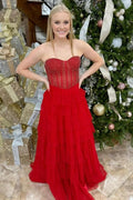 Red Strapless Tiered Ruffled Gown With Beaded Corset