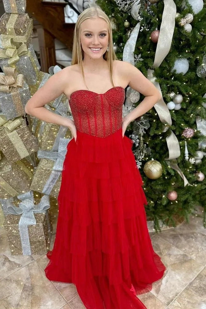 Red Strapless Tiered Ruffled Gown With Beaded Corset