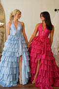 Sage Green Halter Tiered Ruffled Prom Gown With Bow Detail
