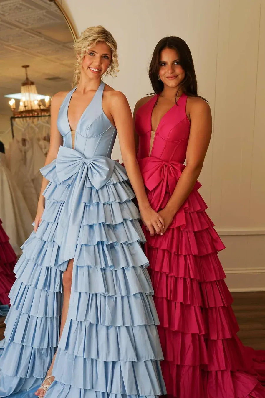 Sage Green Halter Tiered Ruffled Prom Gown With Bow Detail