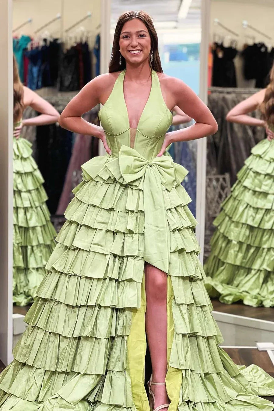 Sage Green Halter Tiered Ruffled Prom Gown With Bow Detail