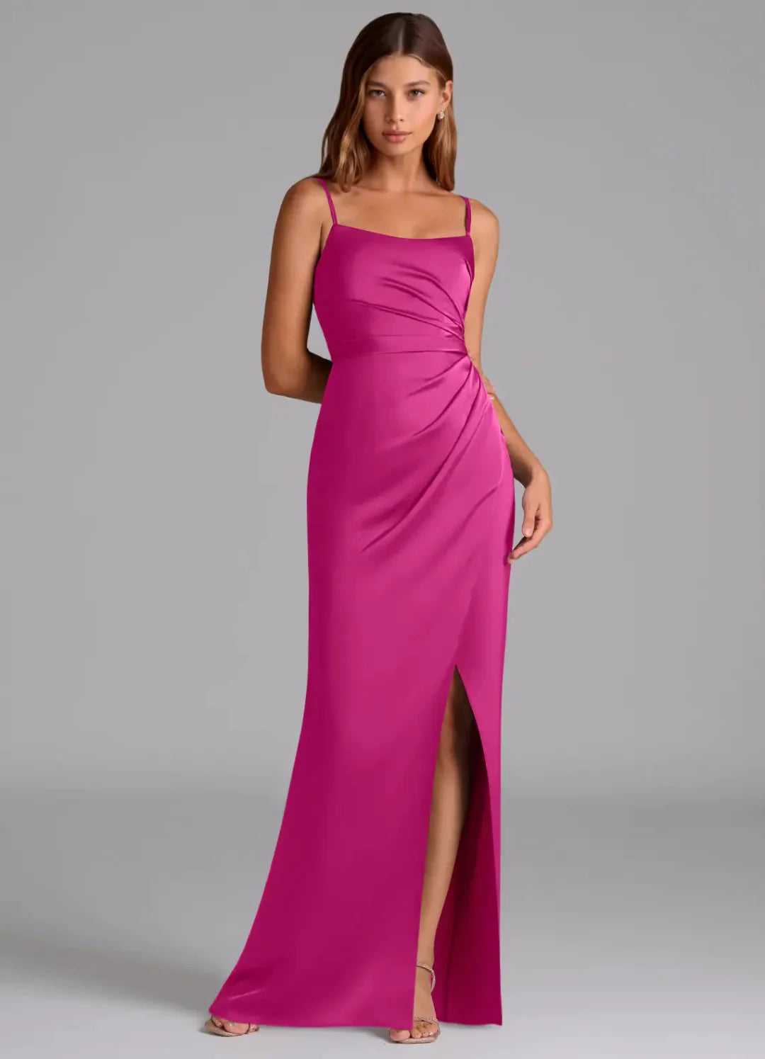 Glamorous Satin Form-Fitting Square Neck Spaghetti Strap Open Back Floor-Length Bridesmaid Dress with Ruched Waist for Wedding Events