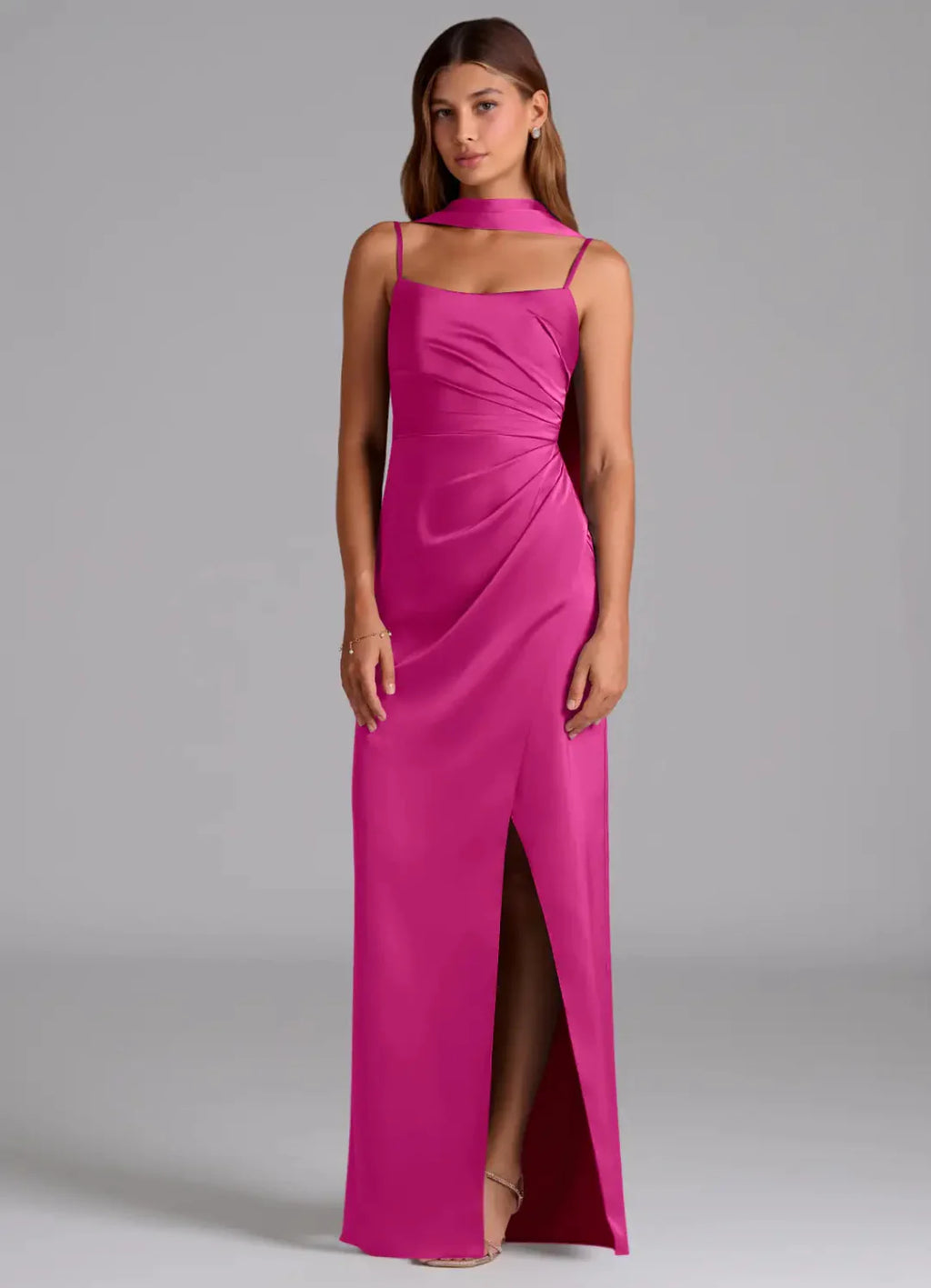 Glamorous Satin Form-Fitting Square Neck Spaghetti Strap Open Back Floor-Length Bridesmaid Dress with Ruched Waist for Wedding Events