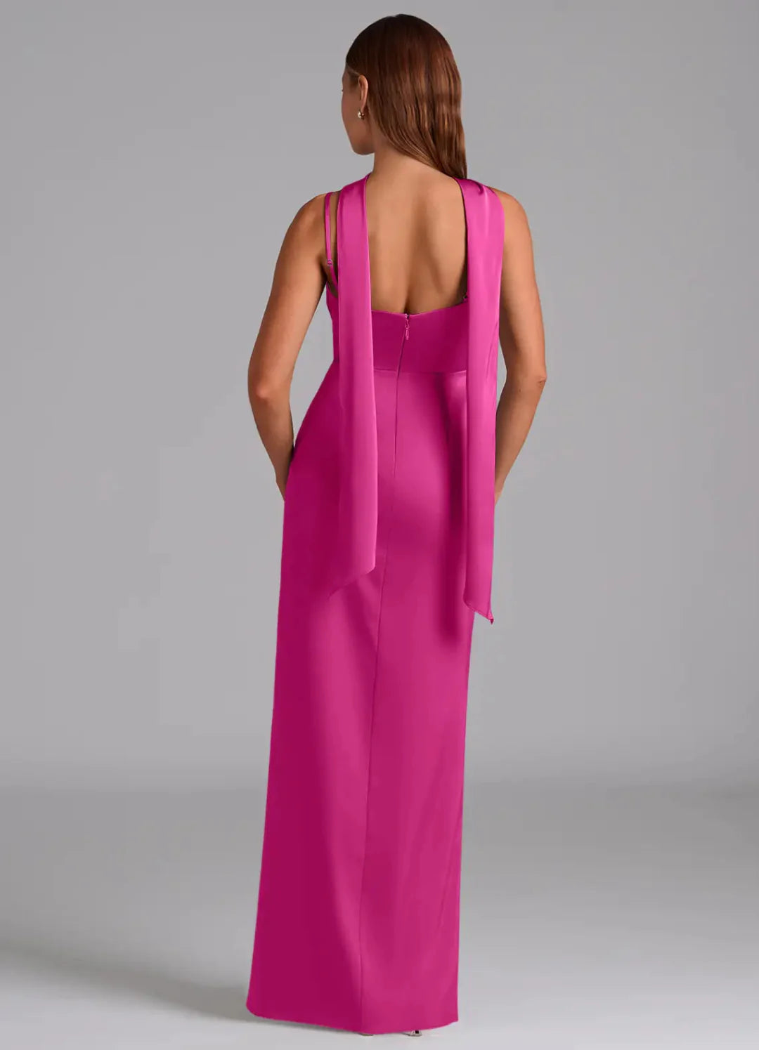 Glamorous Satin Form-Fitting Square Neck Spaghetti Strap Open Back Floor-Length Bridesmaid Dress with Ruched Waist for Wedding Events