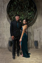 Teal Satin Asymmetrical Halter Lace-Up Back High-Slit Prom Dress
