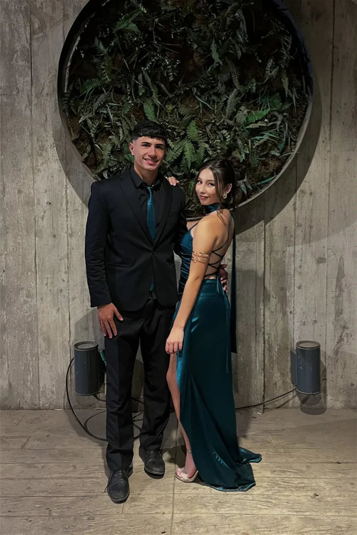Teal Satin Asymmetrical Halter Lace-Up Back High-Slit Prom Dress
