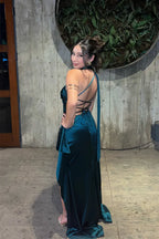 Teal Satin Asymmetrical Halter Lace-Up Back High-Slit Prom Dress