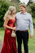 Red Strapless Satin Corset Lace-Up High-Slit Floor-Length Prom Dress