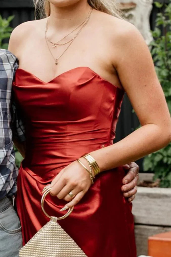 Red Strapless Satin Corset Lace-Up High-Slit Floor-Length Prom Dress