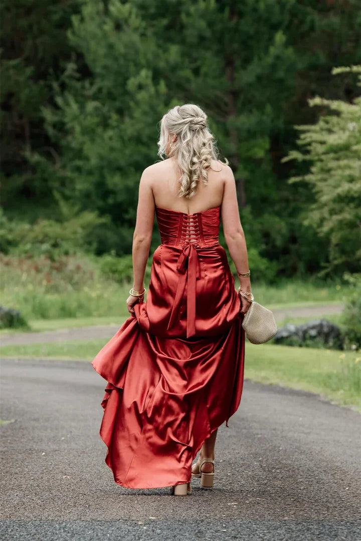 Red Strapless Satin Corset Lace-Up High-Slit Floor-Length Prom Dress
