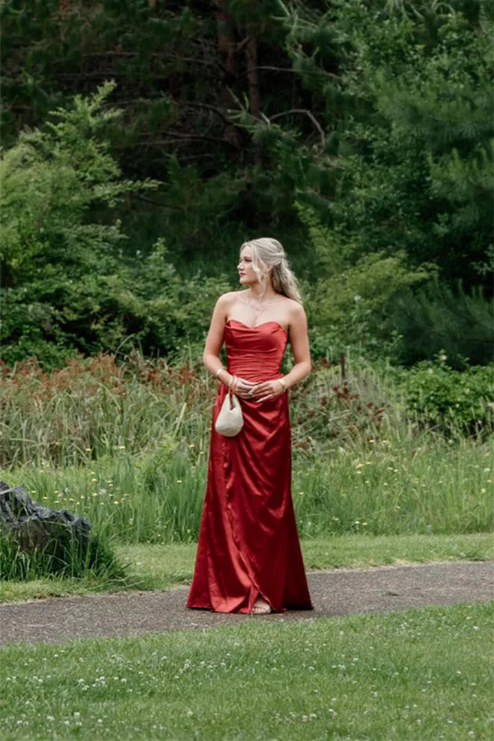 Red Strapless Satin Corset Lace-Up High-Slit Floor-Length Prom Dress