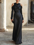 Glamorous Sheath Cowl Neck Cold Shoulder Cutout Black Floor-Length Prom Dresses