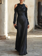 Glamorous Sheath Cowl Neck Cold Shoulder Cutout Black Floor-Length Prom Dresses