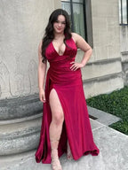 Glamorous Sheath Halter Ruched Satin Burgundy Long Prom Dress With High Slit