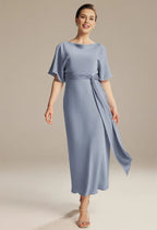 Sheath Jewel Neck Short Sleeve Pleated Ankle Length Mother of the Bride Dress