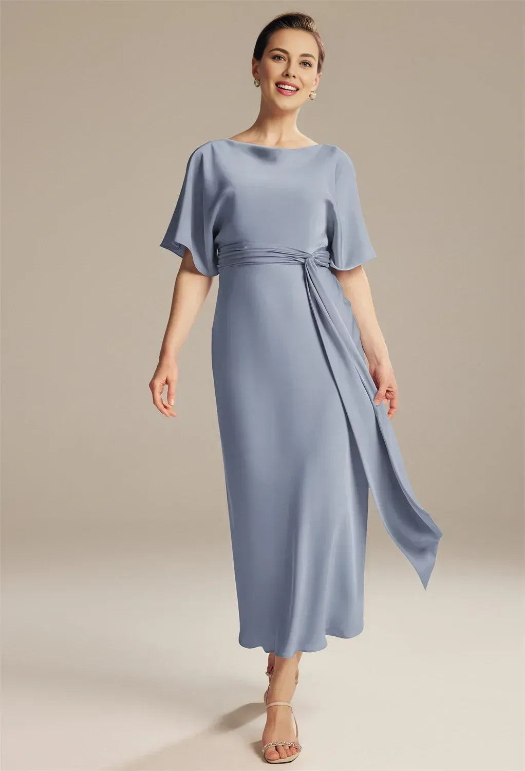 Sheath Jewel Neck Short Sleeve Pleated Ankle Length Mother of the Bride Dress