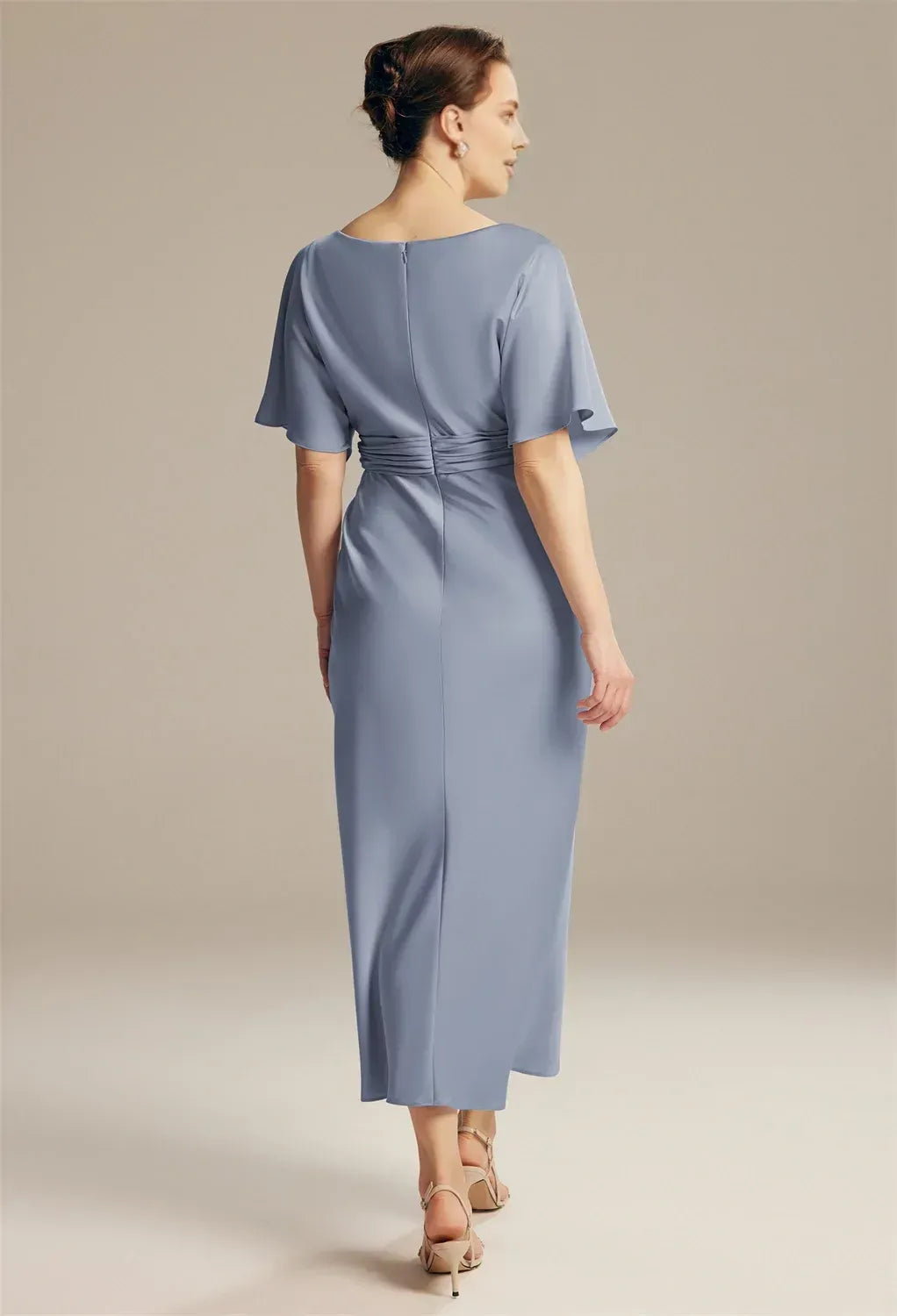 Sheath Jewel Neck Short Sleeve Pleated Ankle Length Mother of the Bride Dress