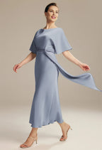 Sheath Jewel Neck Short Sleeve Pleated Ankle Length Mother of the Bride Dress