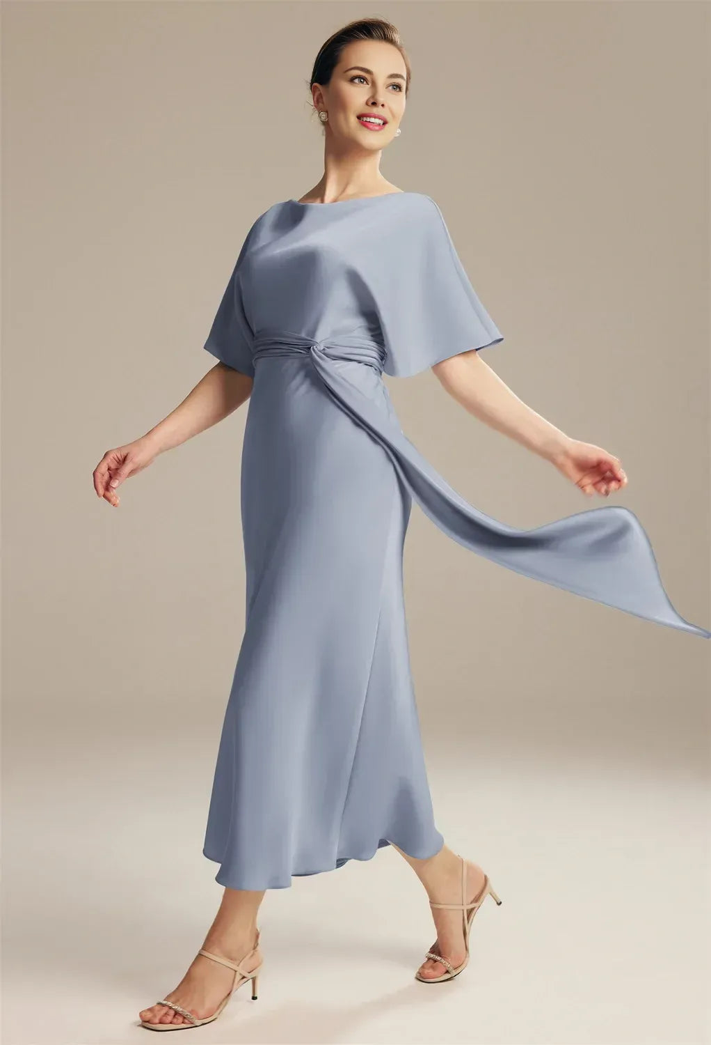 Sheath Jewel Neck Short Sleeve Pleated Ankle Length Mother of the Bride Dress