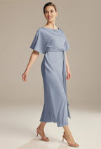 Sheath Jewel Neck Short Sleeve Pleated Ankle Length Mother of the Bride Dress