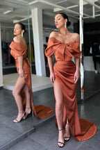 Glamorous Sheath Off Shoulder Bow Ruched Copper Floor-Length Prom Dress For Women