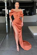 Glamorous Sheath Off Shoulder Bow Ruched Copper Floor-Length Prom Dress For Women
