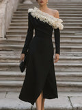 Glamorous Sheath One Shoulder Long Sleeves Pleated Ruffled Black Midi Prom Dresses