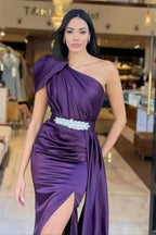Glamorous Sheath One Shoulder Ruched Beaded Purple Floor-Length Prom Dress For Women