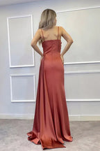 Glamorous Sheath Spaghetti Strap Beaded Terracotta Floor-Length Prom Dresses