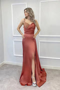 Glamorous Sheath Spaghetti Strap Beaded Terracotta Floor-Length Prom Dresses