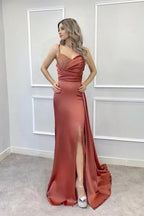 Glamorous Sheath Spaghetti Strap Beaded Terracotta Floor-Length Prom Dresses