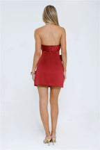 Strapless Satin Bow Burgundy Homecoming Dress With Glamorous Silhouette And Cinched Waist