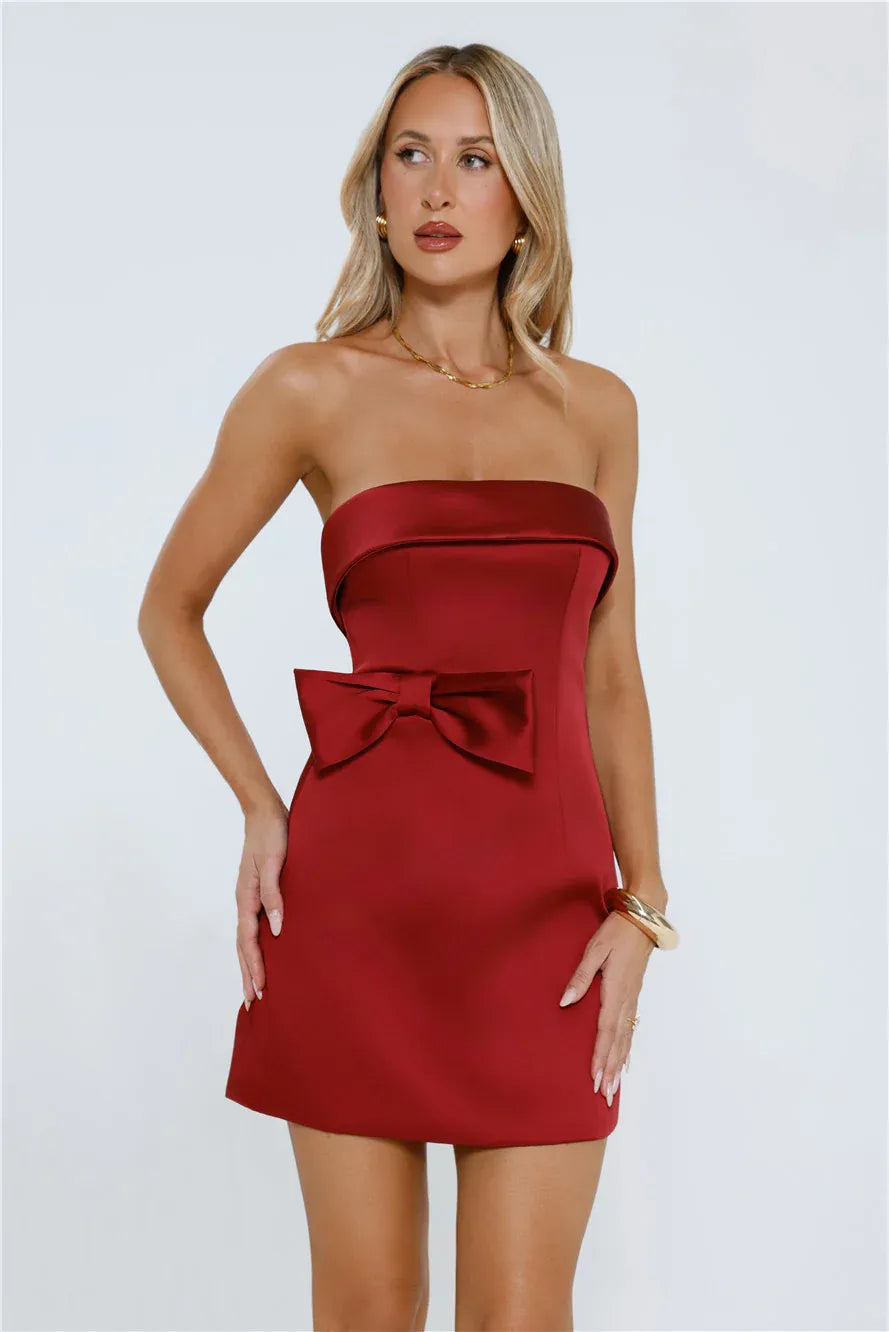 Strapless Satin Bow Burgundy Homecoming Dress With Glamorous Silhouette And Cinched Waist