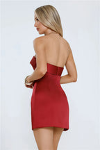 Strapless Satin Bow Burgundy Homecoming Dress With Glamorous Silhouette And Cinched Waist