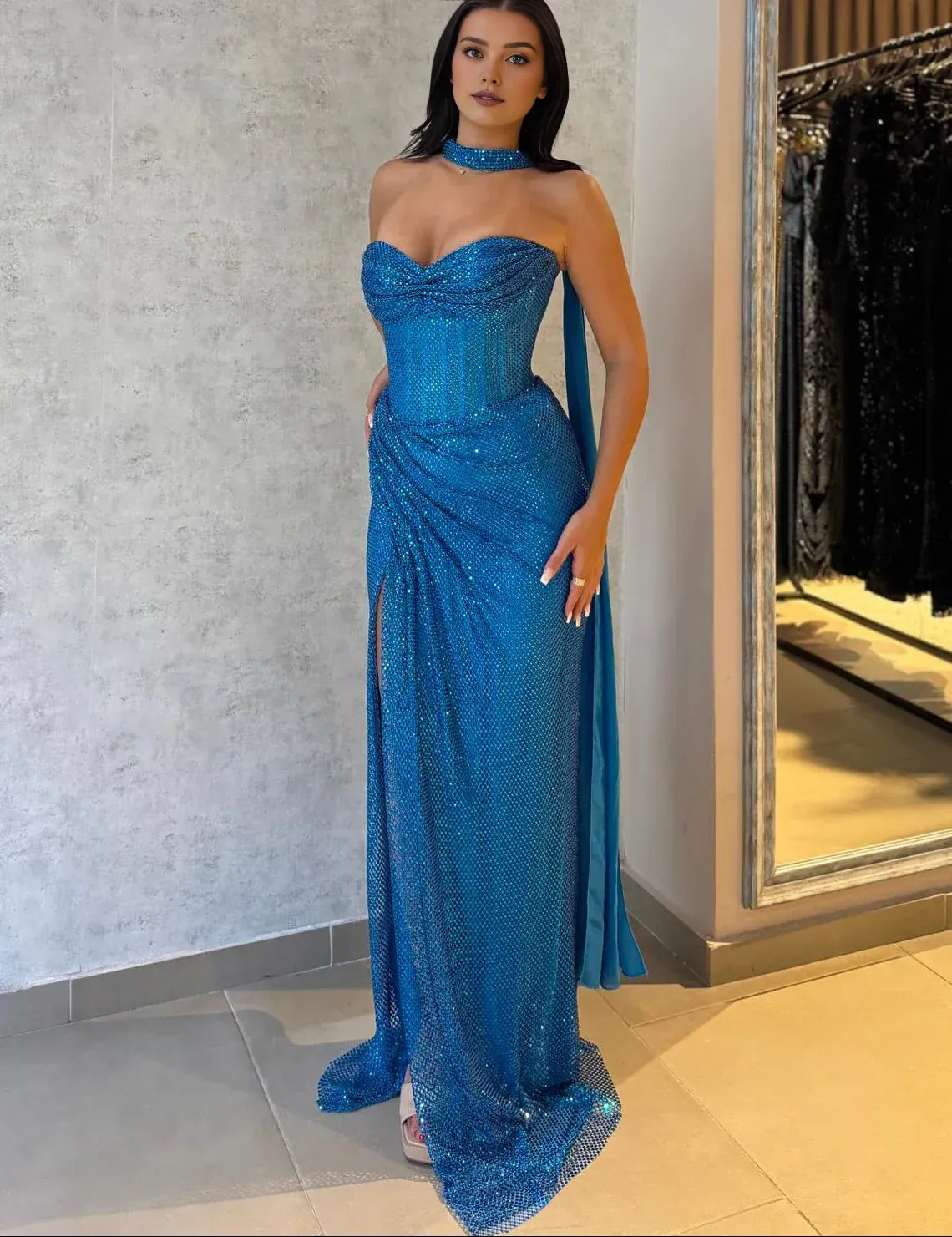 Sheath Sweetheart Sleeveless Pleated Floor-Length Evening Dress With Scarf