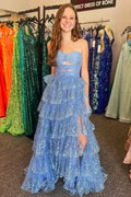 Sky Blue Strapless Tiered Ruffled Glitter Prom Gown With Cutout Bodice