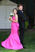 Bright Pink Back-Bow Mermaid Floor-Length Prom Dress