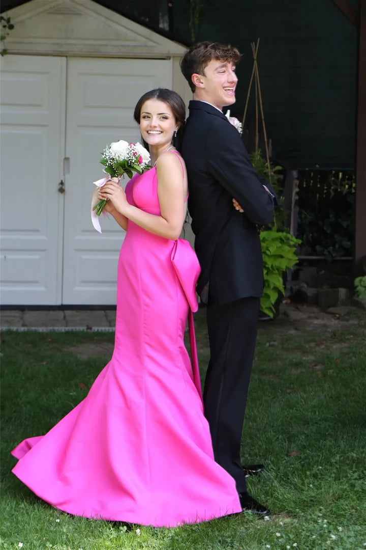 Bright Pink Back-Bow Mermaid Floor-Length Prom Dress