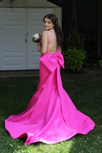 Bright Pink Back-Bow Mermaid Floor-Length Prom Dress